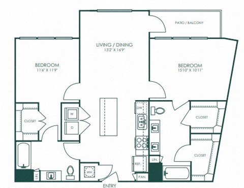 Floor plan for 2 beds, 2 baths, 1082 sqft
